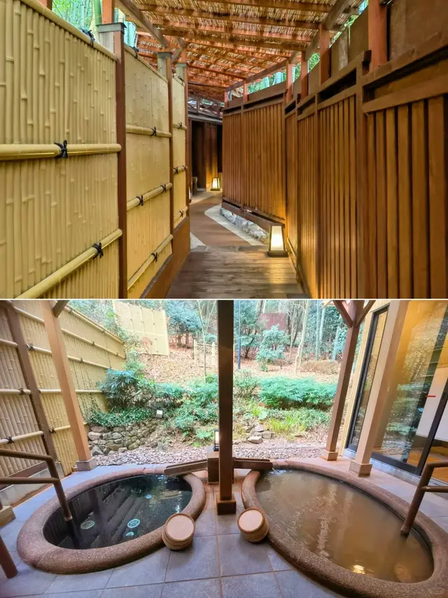 温泉旅馆竹篱小径与露天汤池(上下两格拼图)