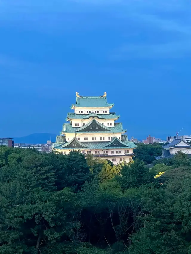 高处远眺名古屋城天守,森林与城市天际线