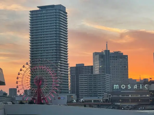 傍晚的 Mosaic 摩天轮和高楼剪影